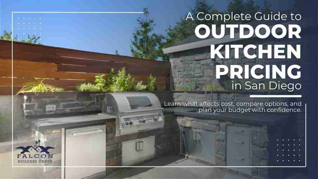 A complete guide to outdoor kitchen pricing in San Diego, showing a modern stone outdoor kitchen with built-in appliances.