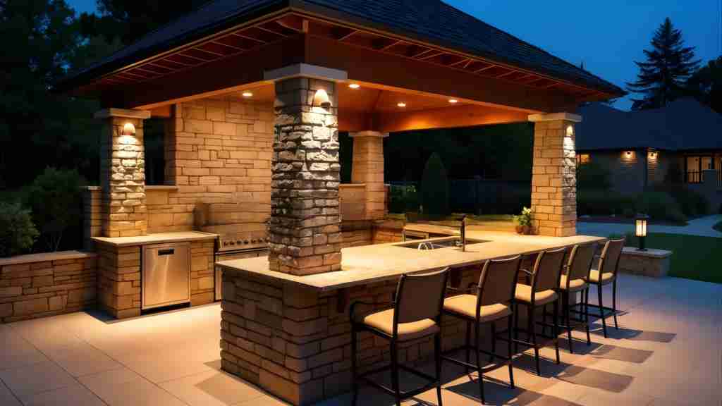 Premium outdoor kitchen pricing project with a covered stone bar, seating, and built-in appliances.