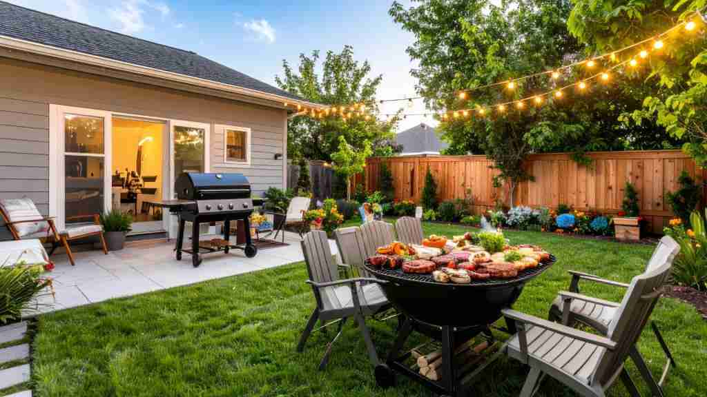 Backyard remodeling with an outdoor dining area, grill station, and warm string lighting.