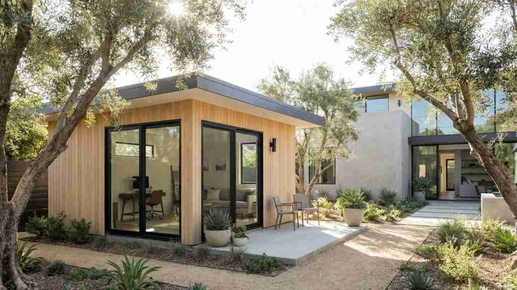 Modern ADU with wood siding and black-framed windows in a landscaped outdoor space