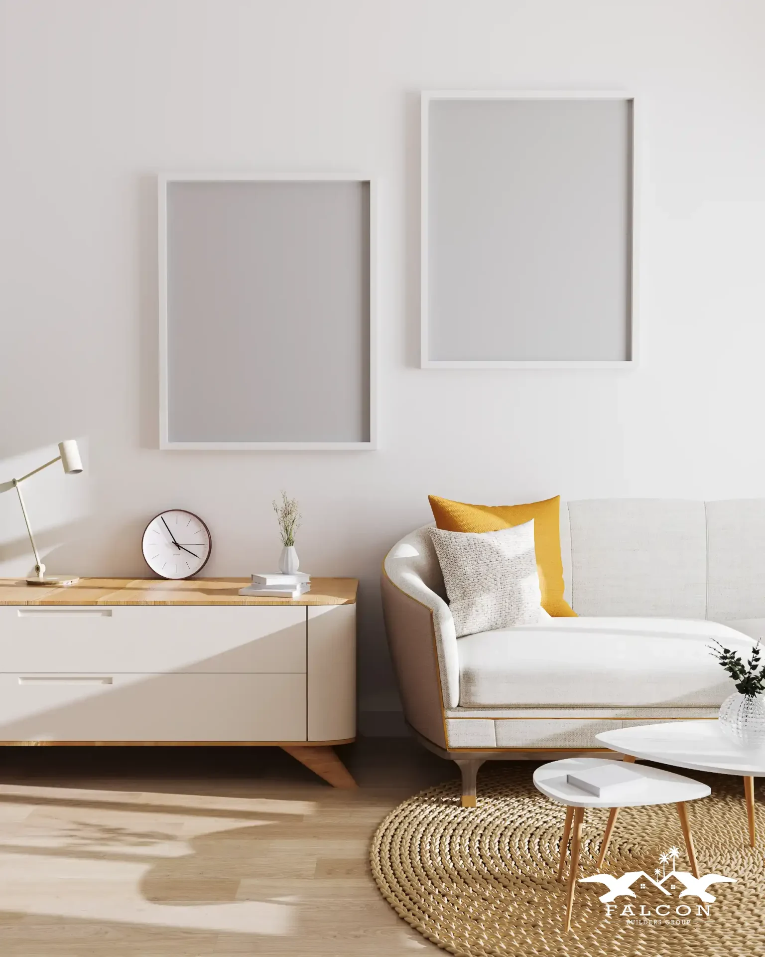 Interior painting service showcasing smooth neutral wall finish enhancing modern living room with clean lines and bright natural light.
