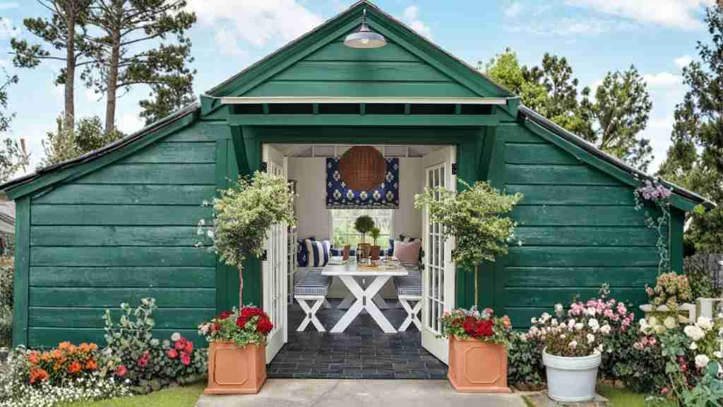 A garage conversion turned into a cozy outdoor dining space with open French doors