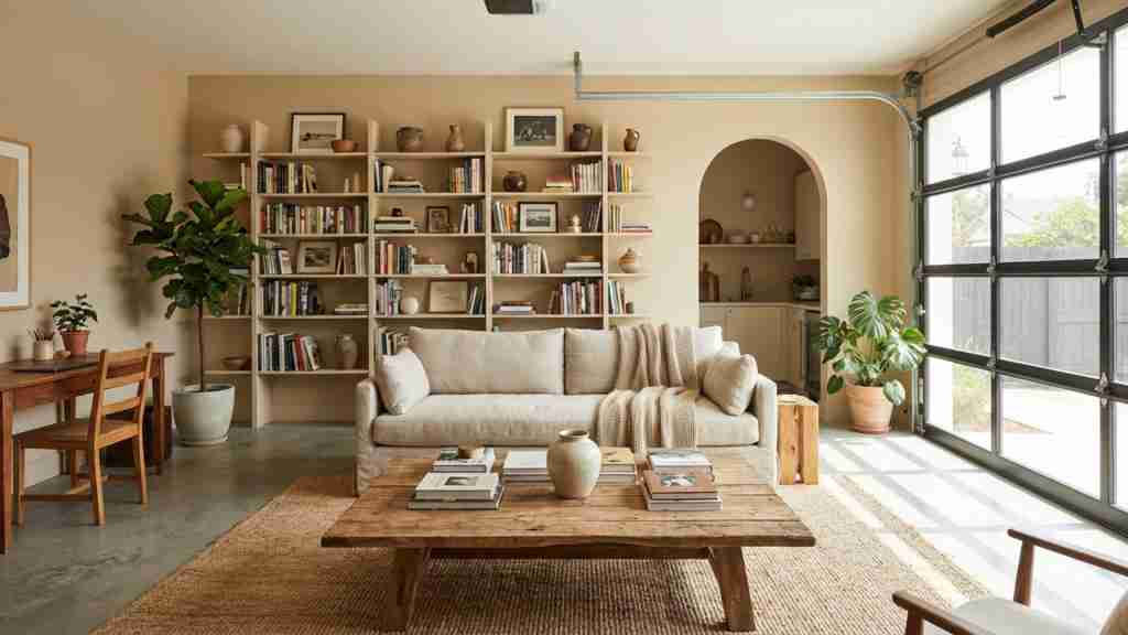 A stylish garage conversion featuring a bookshelf wall, rustic coffee table, and cozy couch