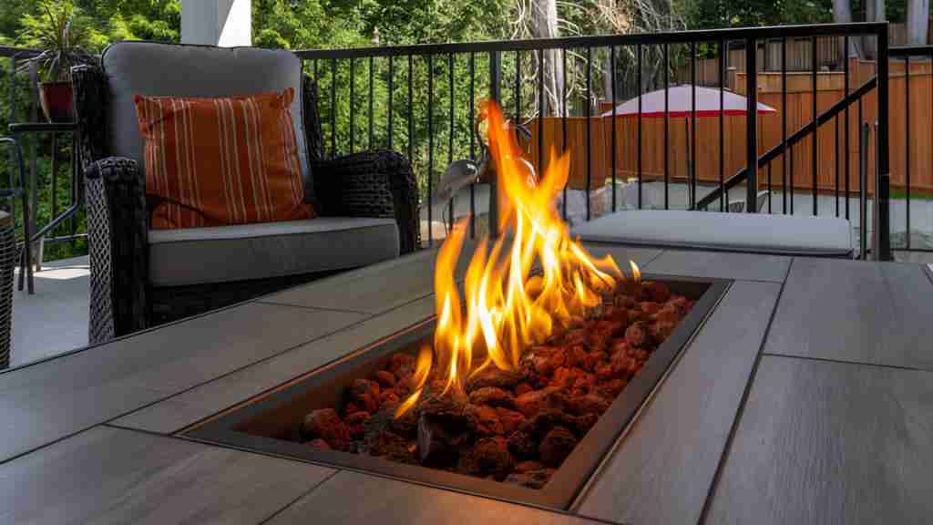 Custom outdoor fire pit installed on a modern patio with cozy seating