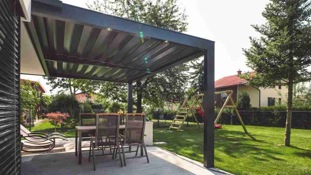 Patio covers with solid aluminum roof creating a shaded outdoor seating and dining space
