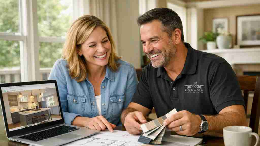 Home remodeling consultation with contractor and homeowner