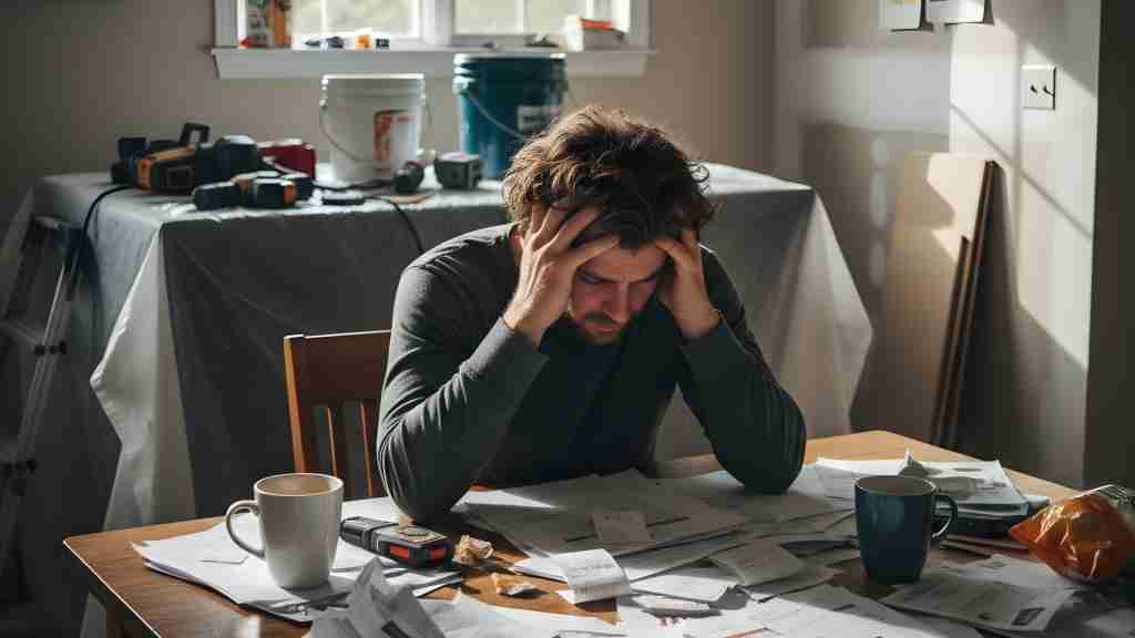 Overwhelmed homeowner reviewing home remodeling expenses