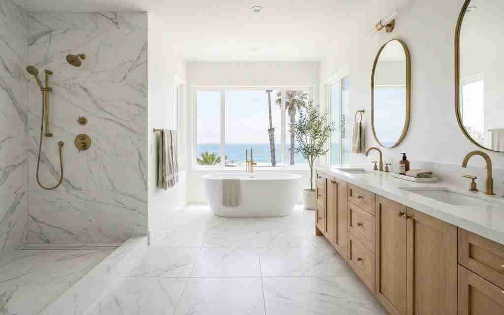 luxury bathroom renovation, modern bathroom design, custom bathroom remodel, shower installation, vanity upgrade
