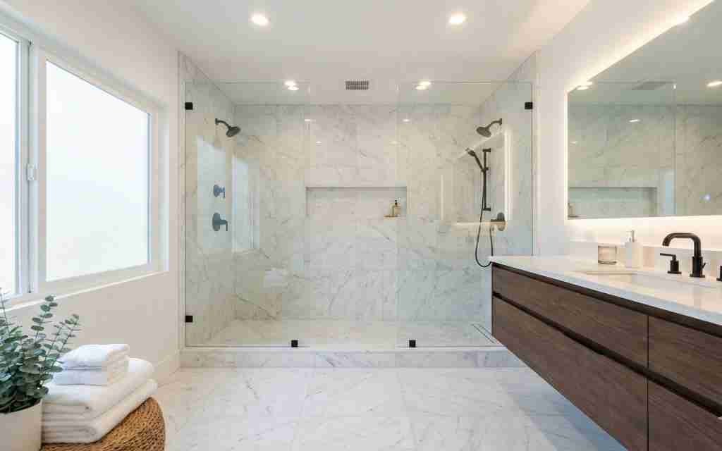 luxury bathroom renovation, modern bathroom design, custom bathroom remodel, shower installation, vanity upgrade