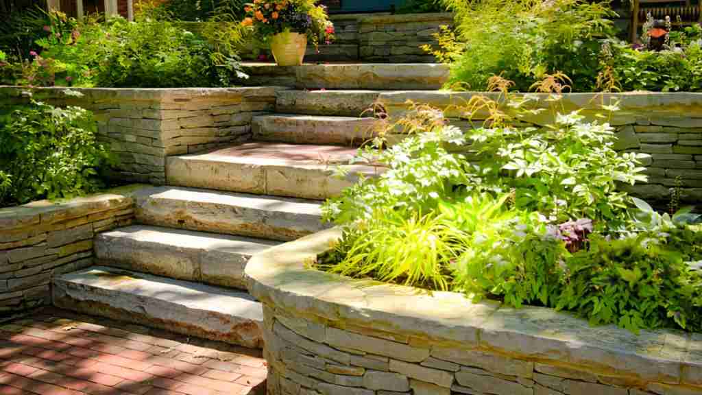 Stone retaining wall design with garden steps in a landscaped San Diego yard