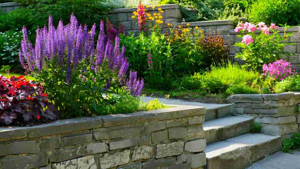 Terraced stone retaining walls creating multiple planting levels in a sloped yard