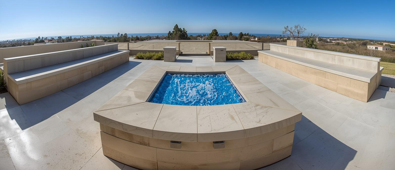 Fire pit with decorative fire glass and integrated stone ledges