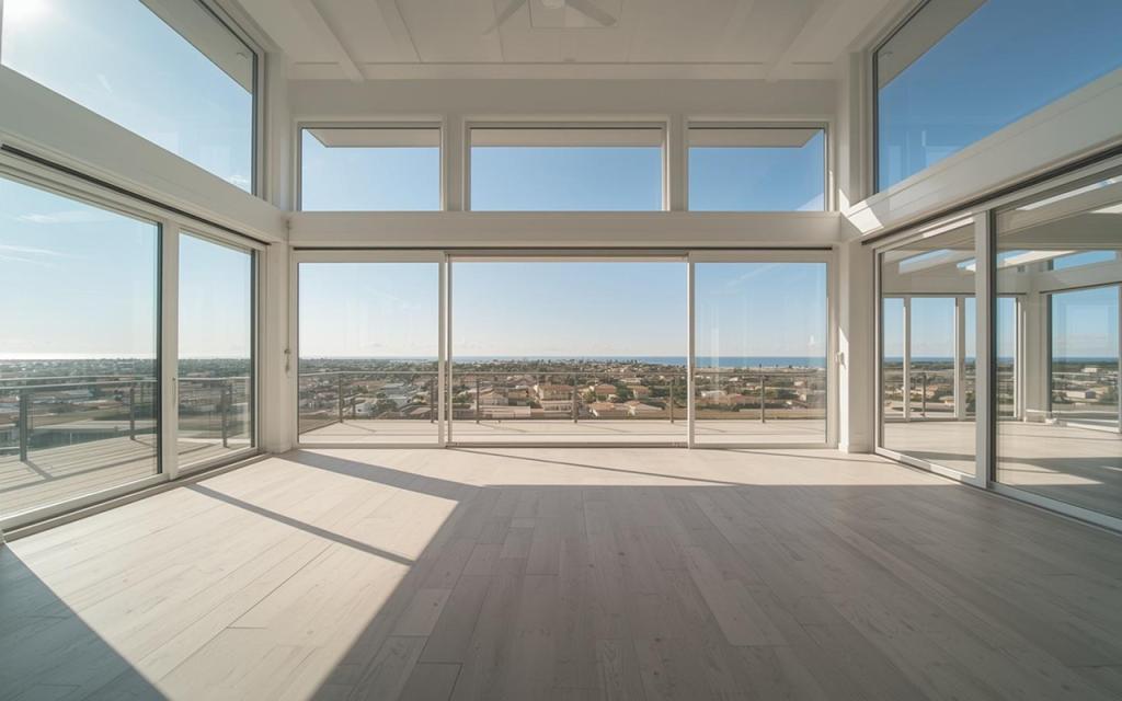 Modern window installation with floor-to-ceiling glass panels in a bright open living space, offering panoramic ocean views, natural light, and seamless indoor-outdoor connection for enhanced comfort and energy efficiency