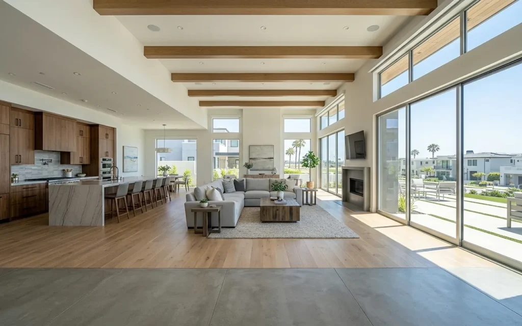 Exterior remodeling by Falcon Builders Group featuring modern architecture, clean lines, landscaped yard, and indoor-outdoor living design