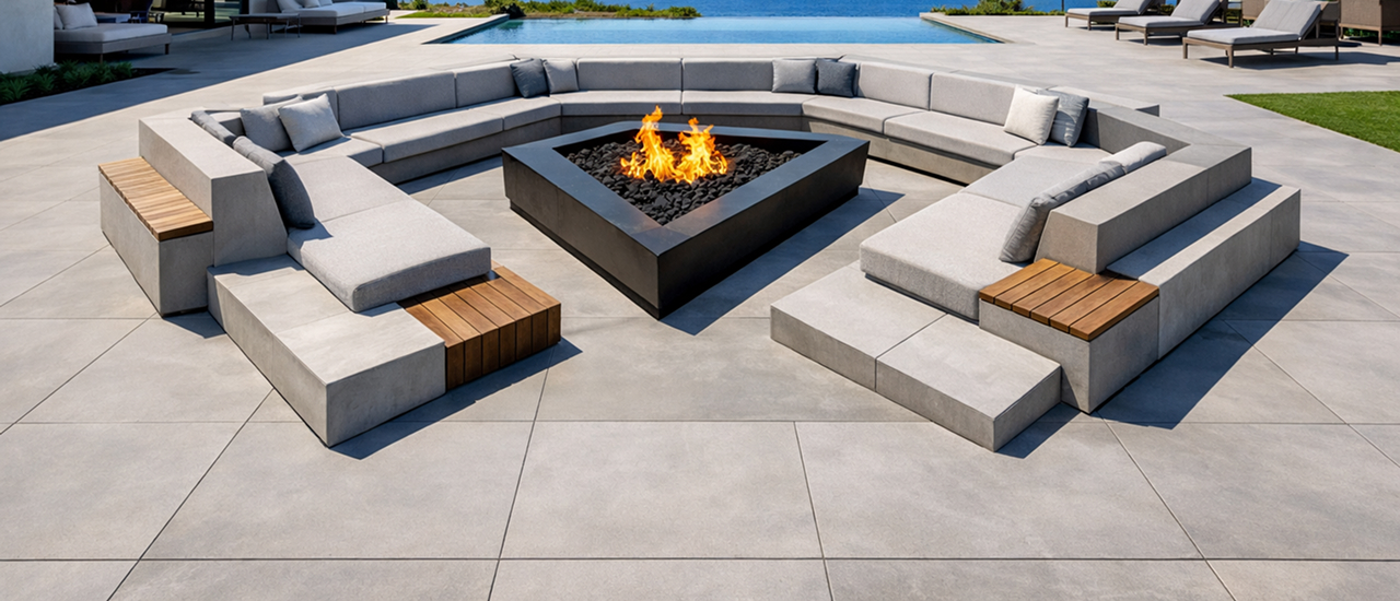 Custom fire pit designed in a modern rectangular shape