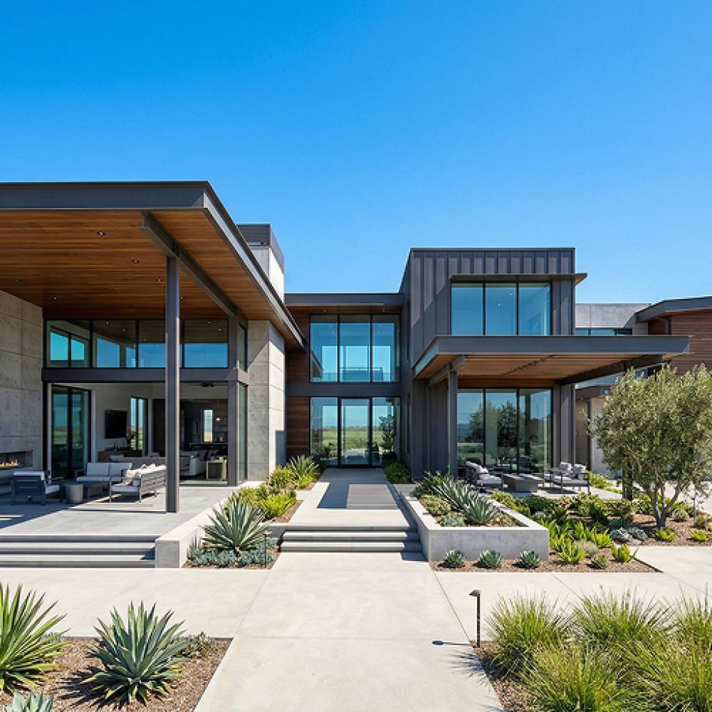 Exterior remodeling by Falcon Builders Group featuring modern architecture, clean lines, landscaped yard, and indoor-outdoor living design