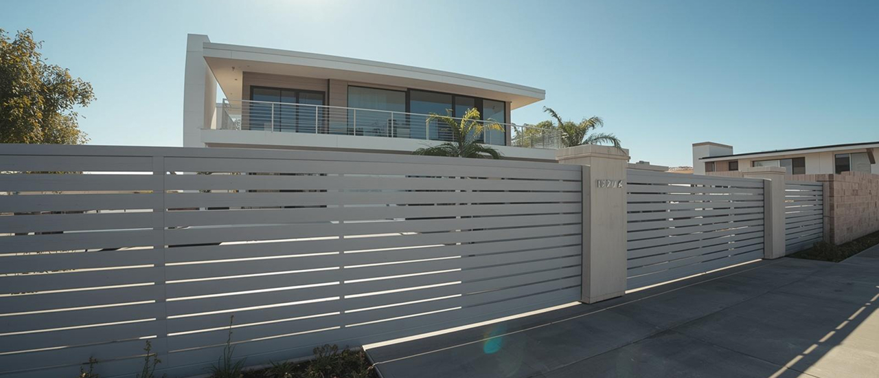 Modern horizontal slat fencing installed in a San Diego yard