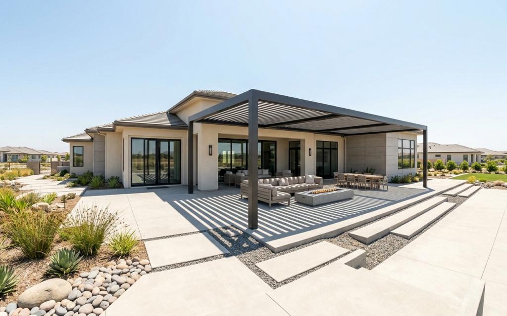Modern outdoor remodeling with covered patio pergola installation, featuring a spacious seating area, clean concrete layout, and drought-tolerant landscaping, designed to create a functional and stylish outdoor living space for comfort, shade, and entertaining