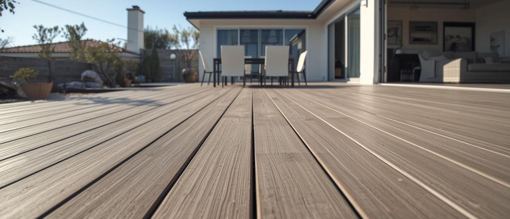 Modern composite decking in gray wood grain