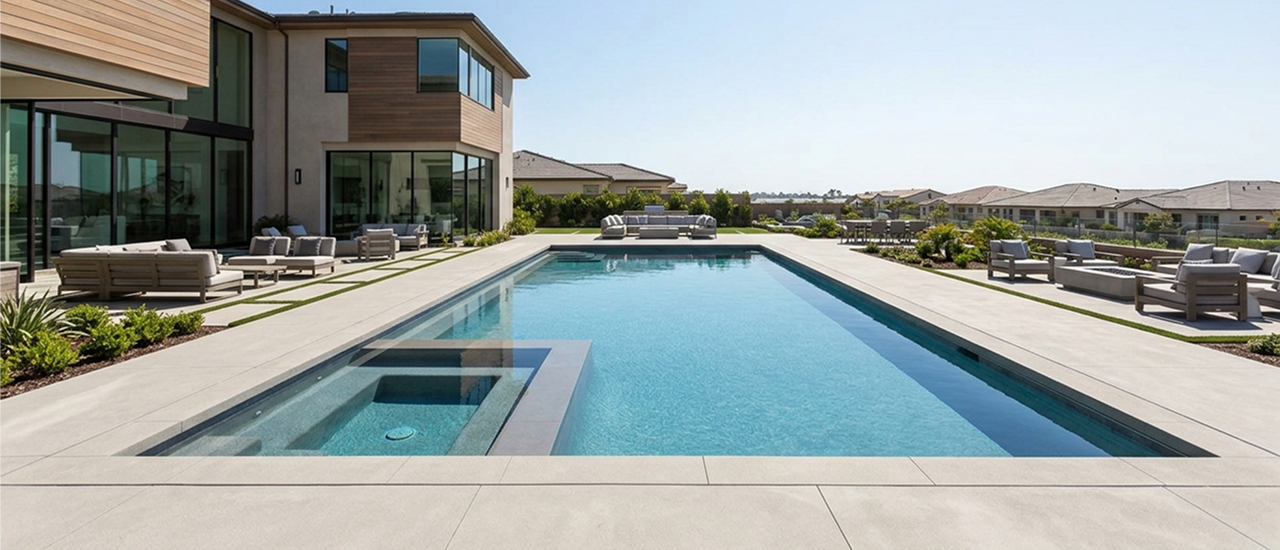 Custom pool featuring a shallow tanning ledge and built-in seating