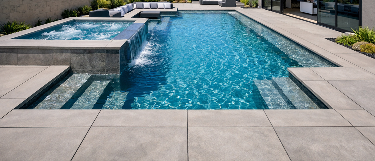 Integrated custom spa with spillover edge into the main pool