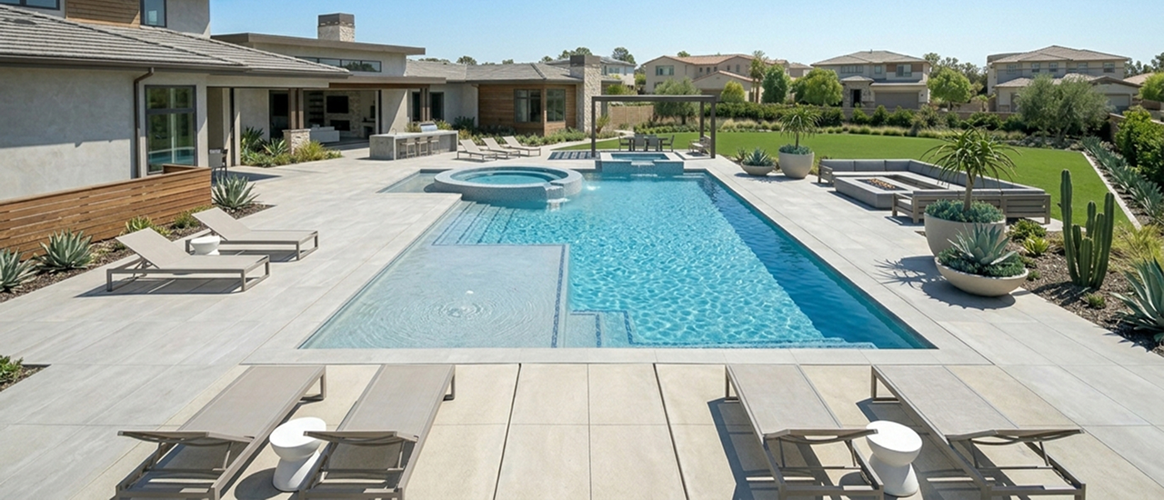 Custom pool and spa layout designed to fit a unique backyard space