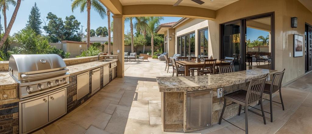 Outdoor kitchen with built-in grill and stone countertops