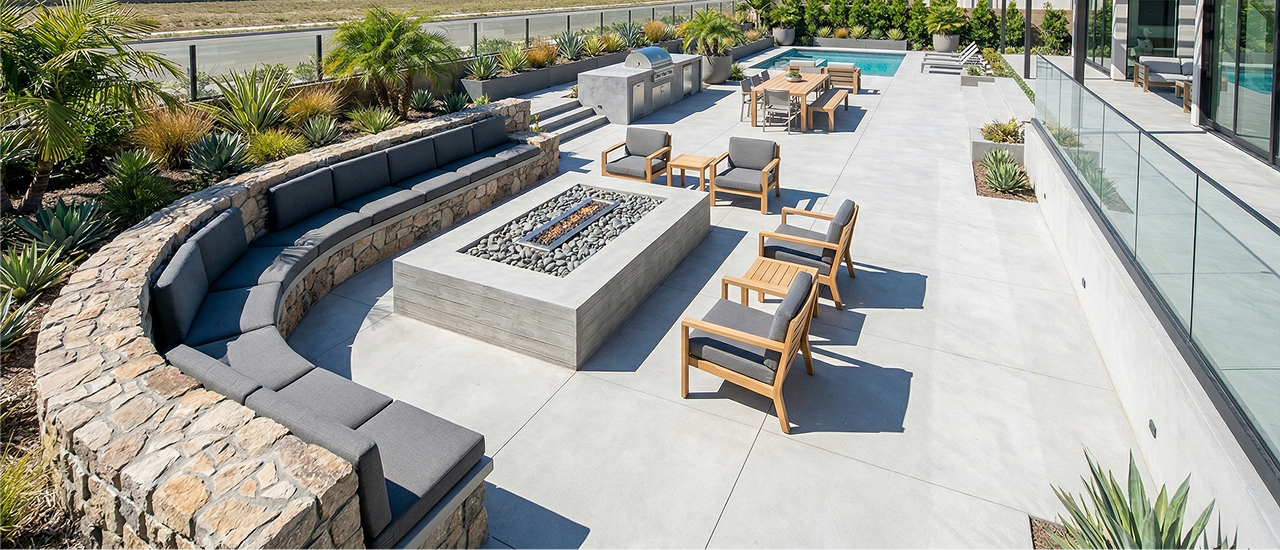 Natural stone fire pit construction to match home architecture