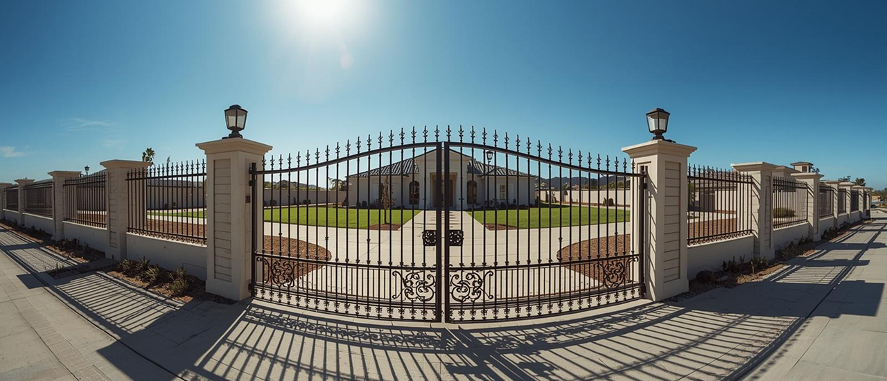Elegant wrought iron driveway gate and perimeter fencing
