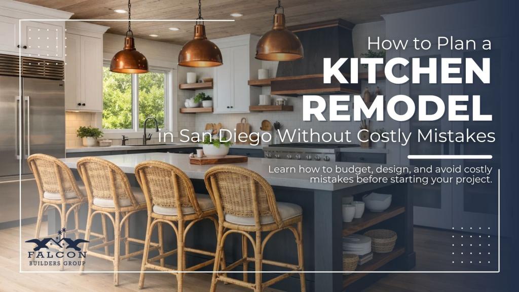 Kitchen remodel planning in San Diego, CA featuring a modern kitchen with a large island, wicker bar stools, pendant lights, and custom cabinets.