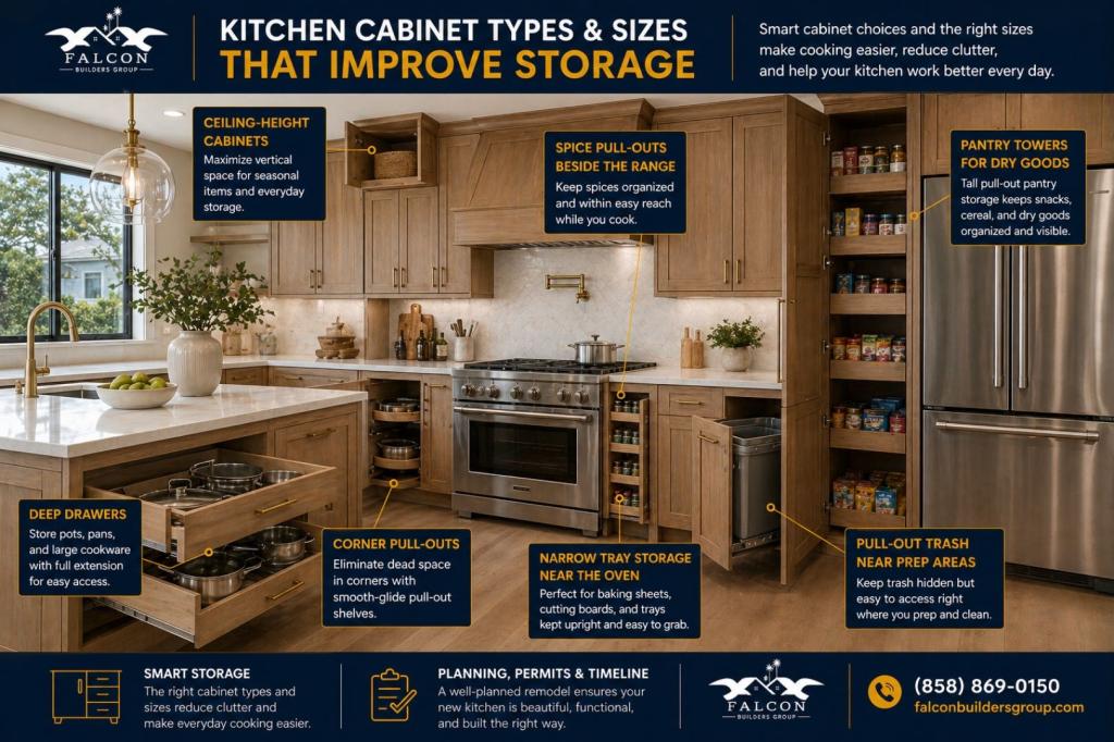 Kitchen cabinet types and sizes infographic explaining storage upgrades such as spice pull-outs, corner shelves, pantry towers, and trash pull-outs