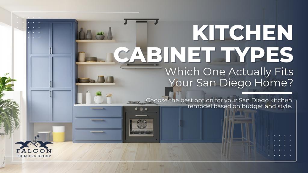 Kitchen cabinet types in San Diego featuring a modern kitchen with blue cabinetry, built-in oven, and organized storage options