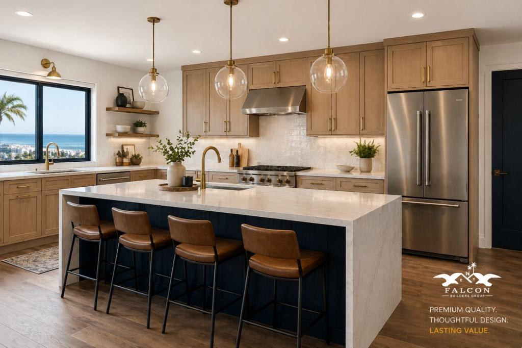 Luxury kitchen remodel featuring a large waterfall island, custom wood cabinets, pendant lights, stainless steel appliances, and ocean view window.
