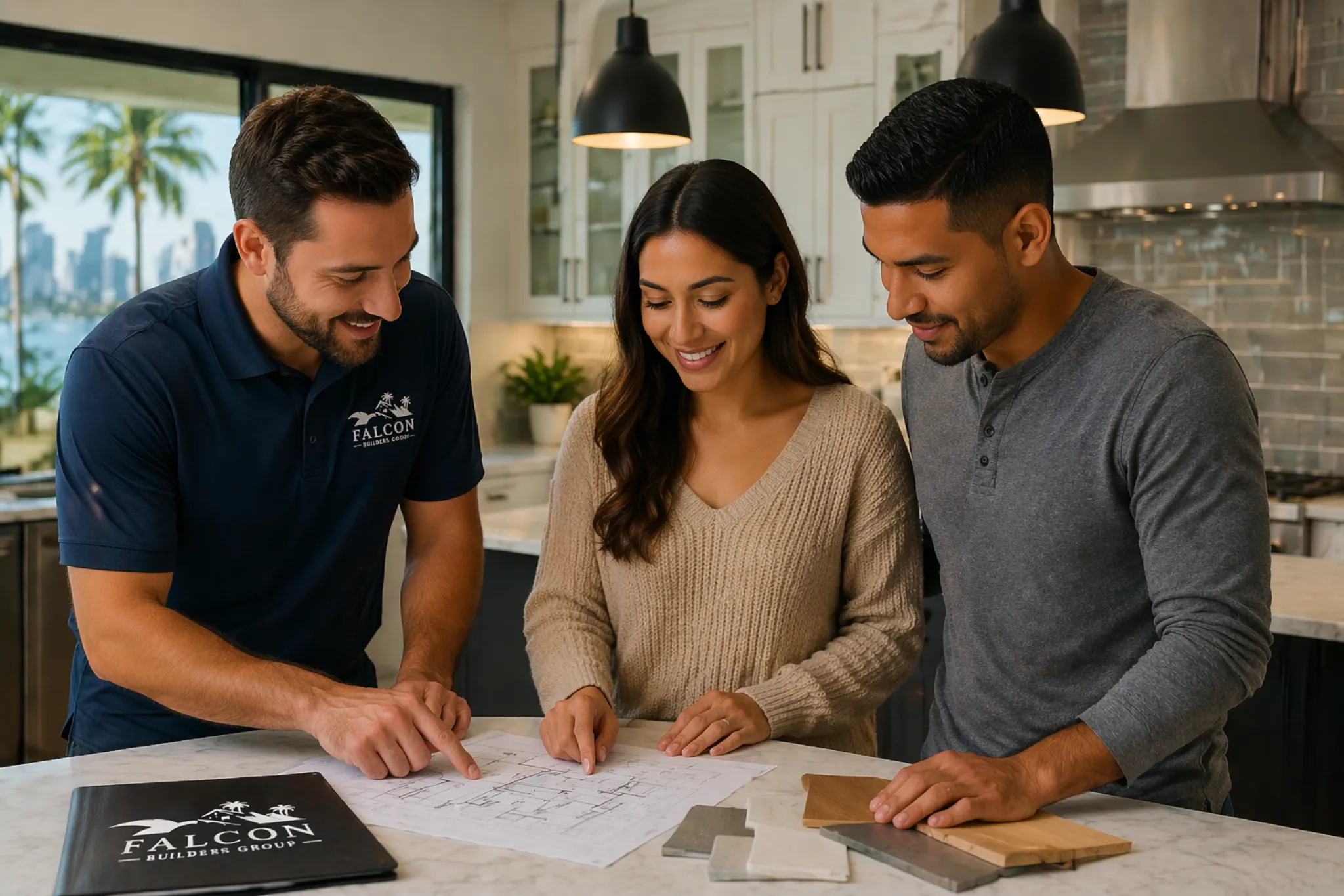 Couple consulting Falcon Builders Group on kitchen remodeling plans with design blueprints on the table