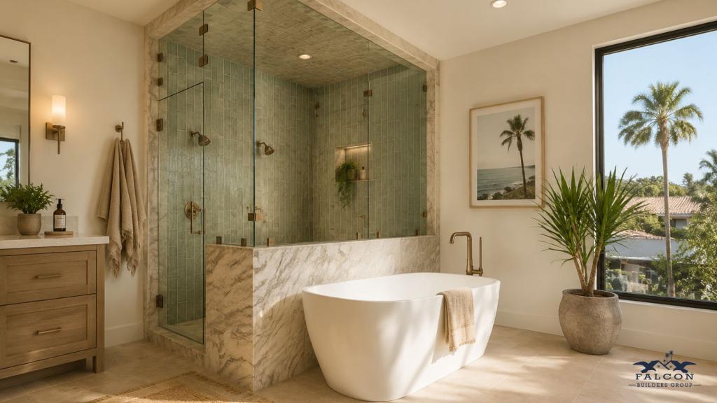 Modern bathroom in San Diego with a walk-in shower and freestanding tub, showcasing design, light, and layout