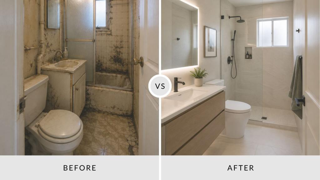 Before-and-after comparison of a small bathroom renovation showing outdated, cramped layout with mold and pink tiles transformed into a modern, spacious bathroom with neutral tones, black fixtures, and bright natural light, highlighting common small bathroom issues